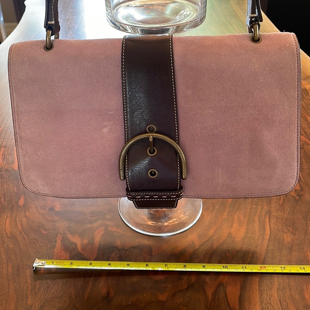 Coach Suede shoulder Leather Bag with dark brown leather trims and brass accents